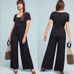 Maeve‎ Anthropologie Black Square Neck Button Front Wide Leg Jumpsuit Size 4
